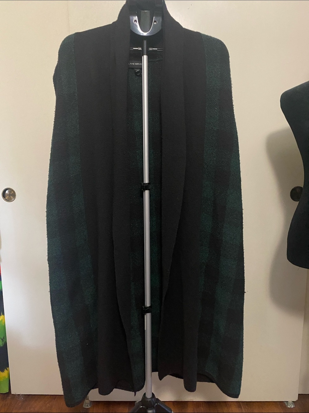 Lane Bryant Black and Dark Green Plaid Sleeveless Cardigan